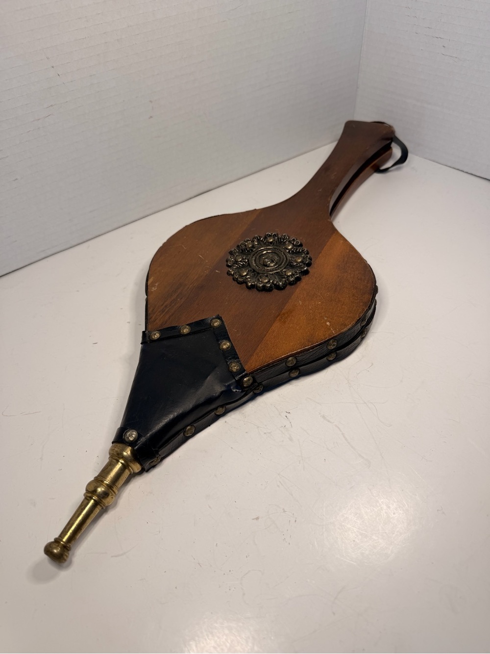 Vintage Wood and Leather Fireplace Bellows with Brass Nozzle